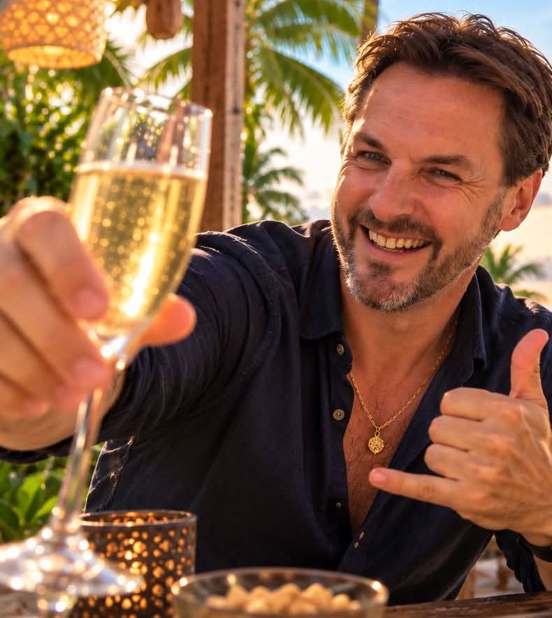 Jérôme lève une coupe de champagne au coucher du soleil