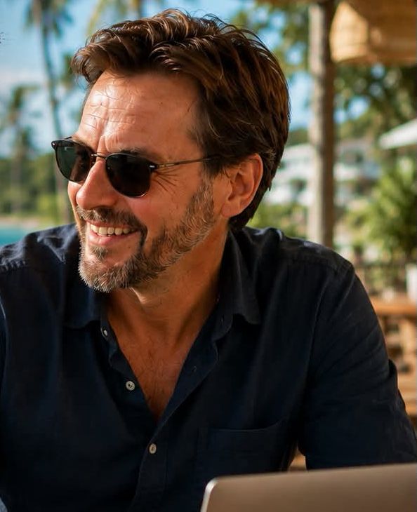 Jérôme, lunettes de soleil, répond aux messages depuis une terrasse